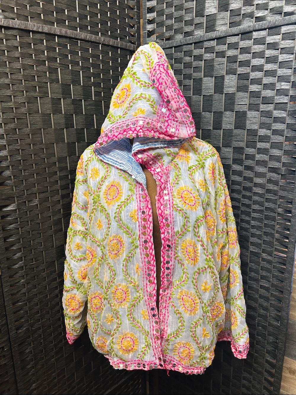One of a kind, stunning, cotton and sheer wool embroidered waist length duster